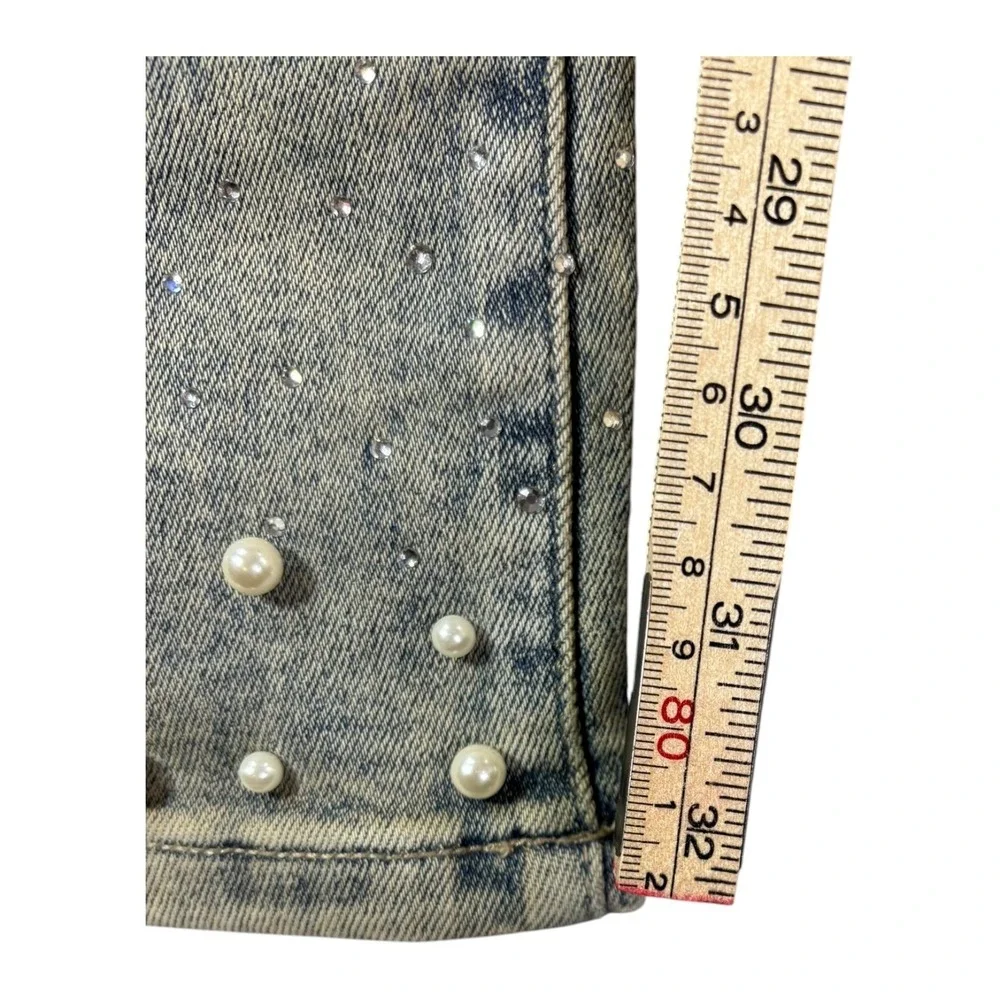 Reveer Jeans RVR Rhinestone Pearl Embellished Flare Denim Blue Vintage Wash 30